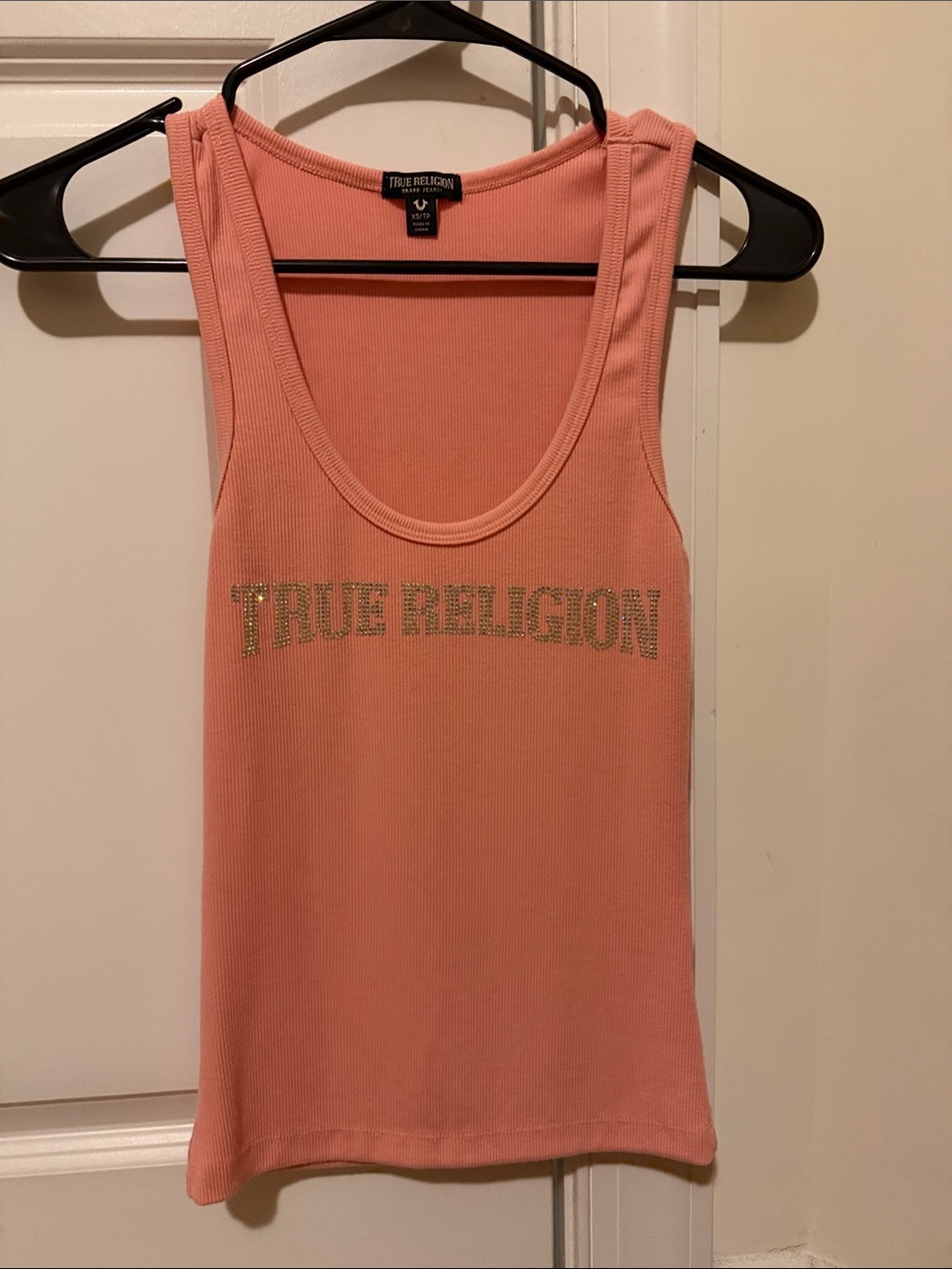 True Religion Crystal Logo Pink Ribbed Tank Top